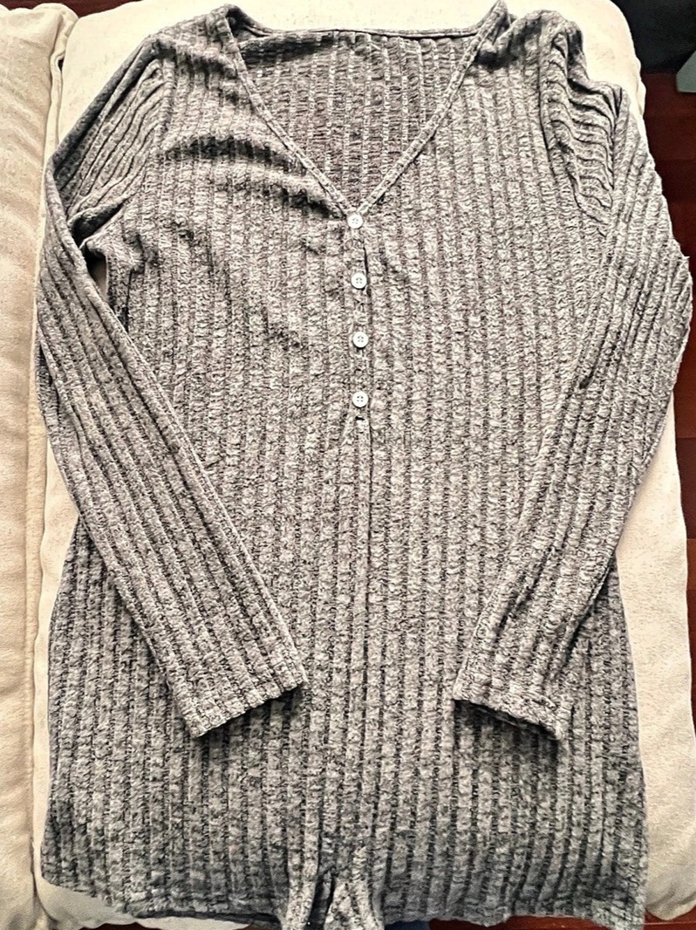 Gray Ribbed Button-Front V-Neck onesie - Size L